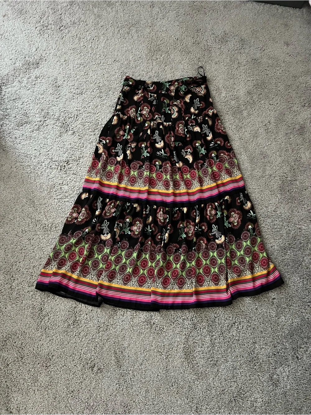 EUC Bohemian Tiered Maxi Skirt in Black with Multicolor Floral Print 4